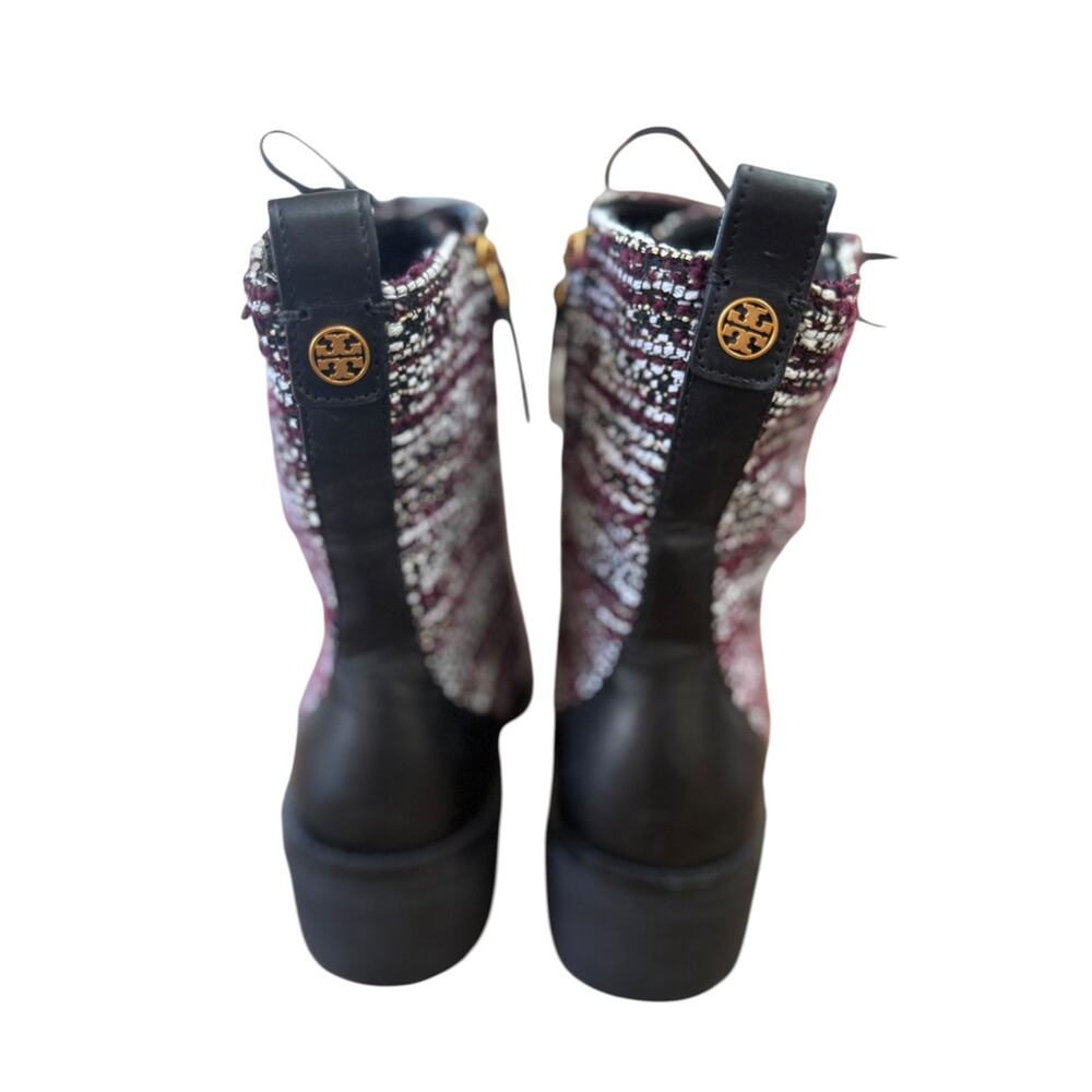 <<Tory Burch Miller Combat Lug Sole Tweed/Leather Booties Burgundy/White -8.5M - Picture 5 of 8